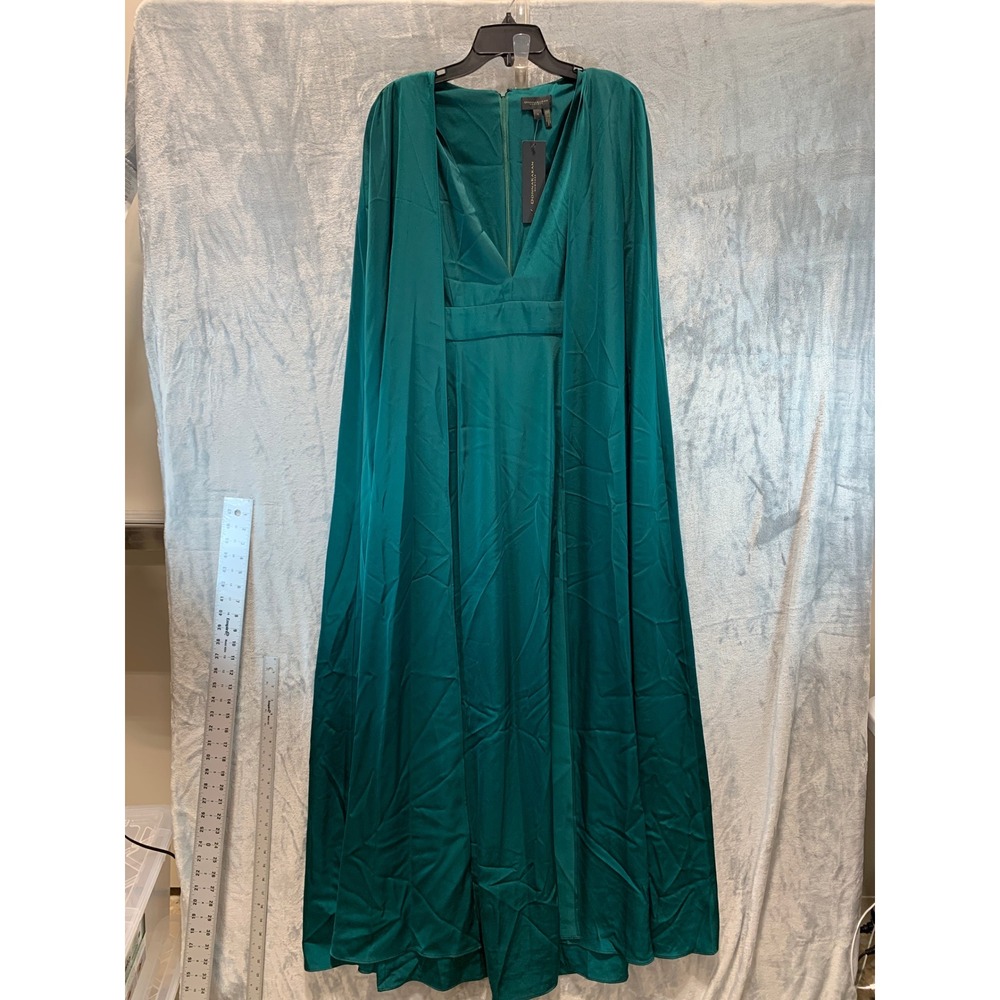 Donna Karan New York Teal Satin Cape Sleeve V-Neck Maxi Gown Dress 10 KA4B13E3